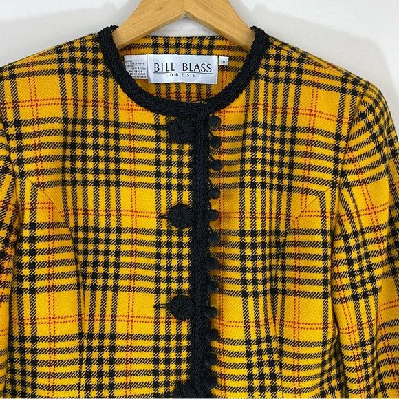 VTG 80s Bill Blass Plaid Wool Blazer Yellow & Black Embroidered Pom Poms Sz 8 - Picture 2 of 11